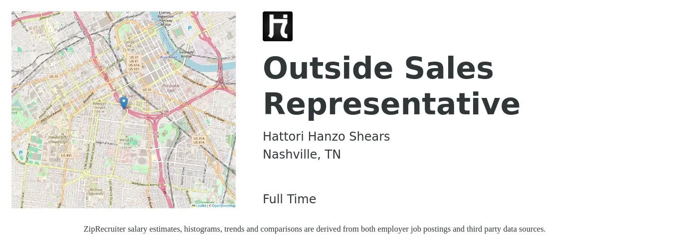 Hattori Hanzo Shears job posting for a Outside Sales Representative in Nashville, TN with a salary of $100,000 Yearly with a map of Nashville location.