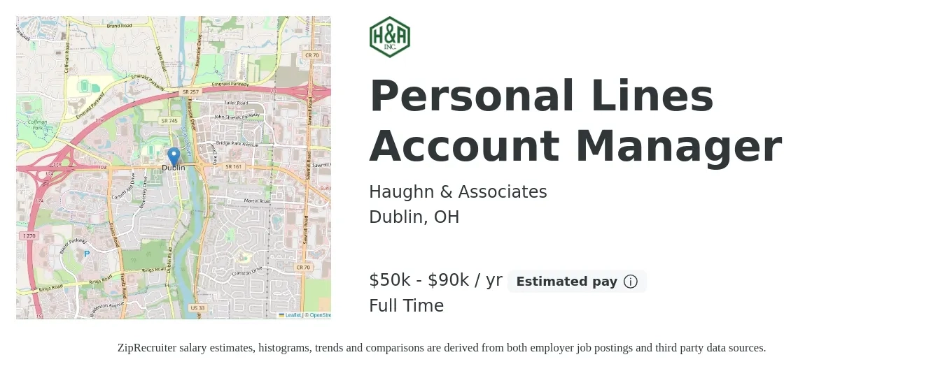 Haughn & Associates job posting for a Personal Lines Account Manager in Dublin, OH with a salary of $50,000 to $90,000 Yearly with a map of Dublin location.