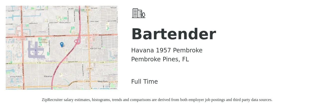 Havana 1957 Pembroke job posting for a Bartender in Pembroke Pines, FL with a salary of $9 to $18 Hourly with a map of Pembroke Pines location.