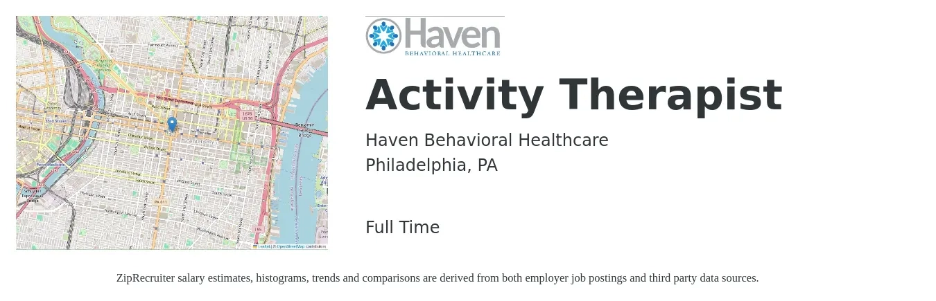 Haven Behavioral Healthcare job posting for a Activity Therapist in Philadelphia, PA with a salary of $20 to $36 Hourly with a map of Philadelphia location.