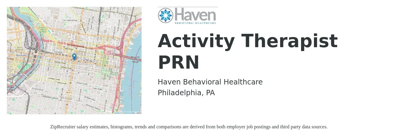 Haven Behavioral Healthcare job posting for a Activity Therapist PRN in Philadelphia, PA with a salary of $20 to $36 Hourly with a map of Philadelphia location.