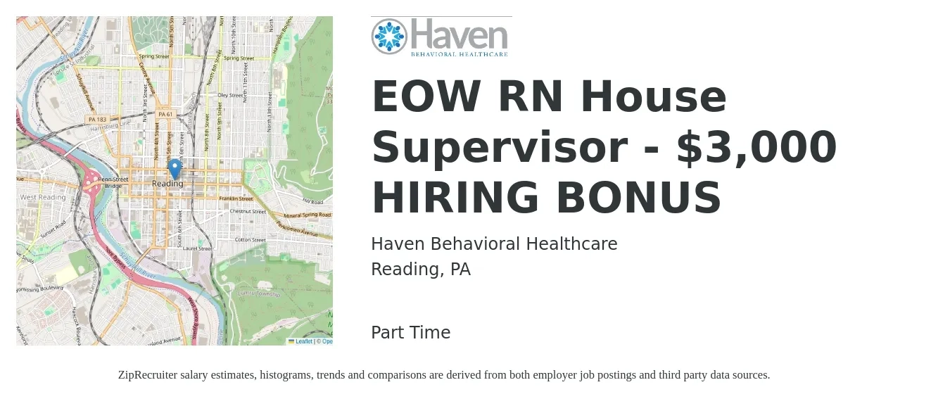 Haven Behavioral Healthcare job posting for a EOW RN House Supervisor - $3,000 HIRING BONUS in Reading, PA with a salary of $37 to $64 Hourly with a map of Reading location.