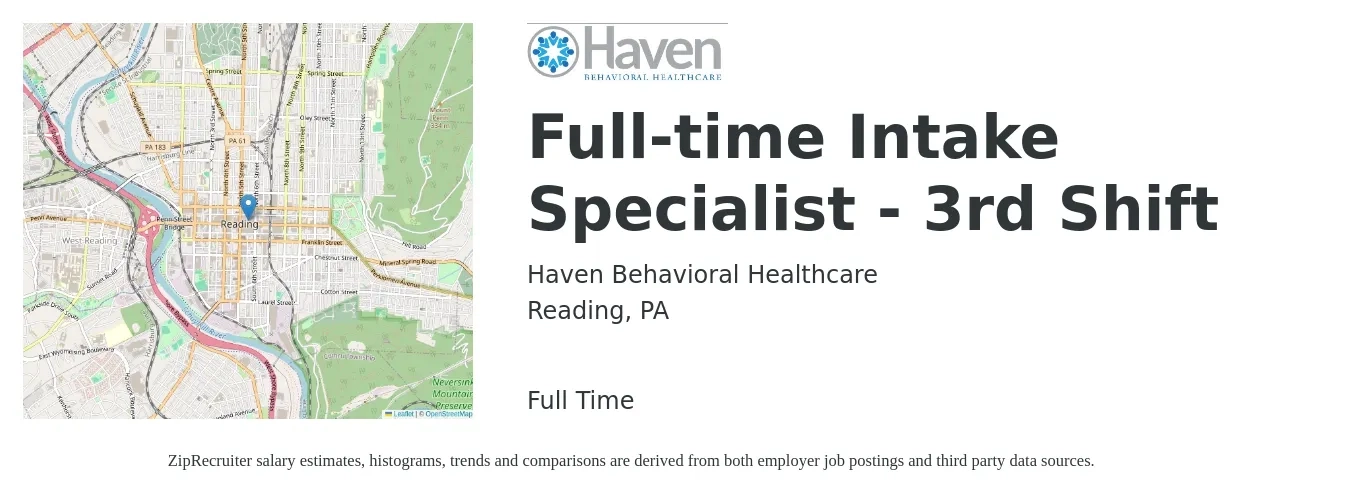 Haven Behavioral Healthcare job posting for a Full-time Intake Specialist - 3rd Shift in Reading, PA with a salary of $17 to $23 Hourly with a map of Reading location.