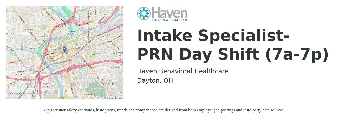 Haven Behavioral Healthcare job posting for a Intake Specialist- PRN Day Shift (7a-7p) in Dayton, OH with a salary of $16 to $21 Hourly with a map of Dayton location.