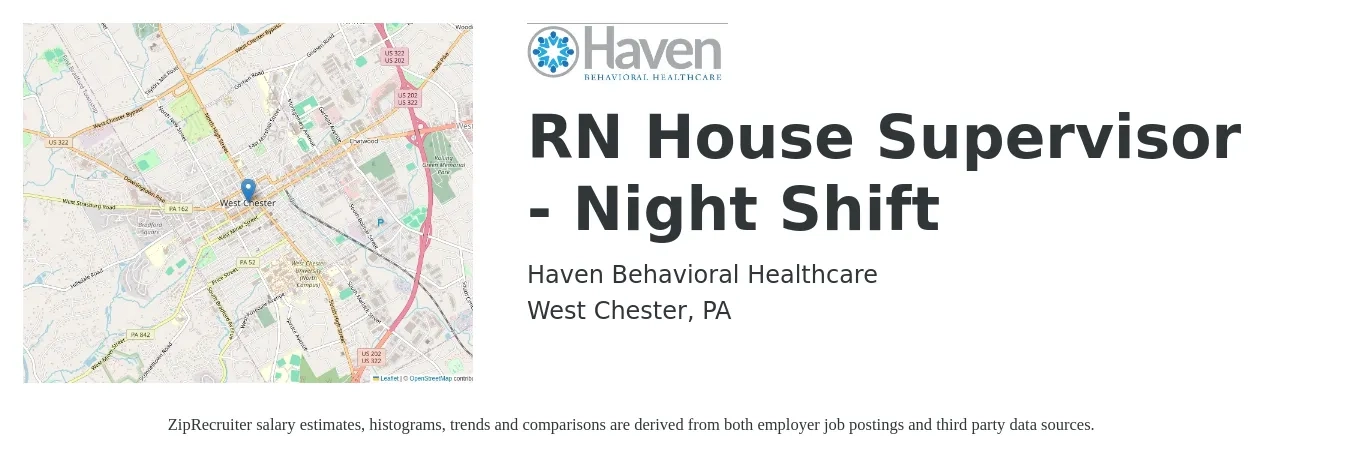 Haven Behavioral Healthcare job posting for a RN House Supervisor - Night Shift in West Chester, PA with a salary of $38 to $55 Hourly with a map of West Chester location.