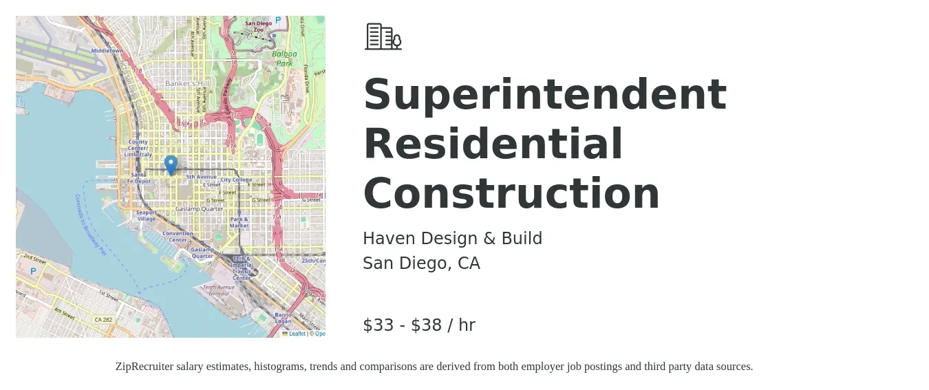 Haven Design & Build job posting for a Superintendent - Residential Construction in San Diego, CA with a salary of $35 to $40 Hourly with a map of San Diego location.
