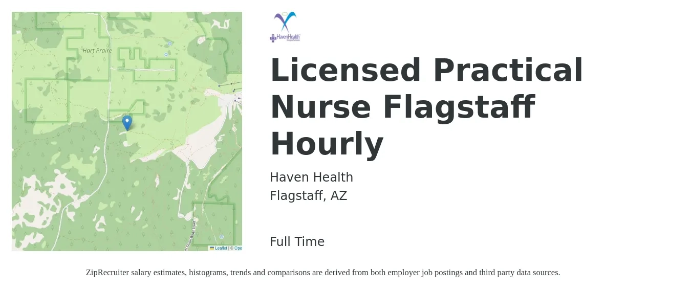 Haven Health job posting for a Licensed Practical Nurse Flagstaff Hourly in Flagstaff, AZ with a salary of $24 to $32 Hourly with a map of Flagstaff location.