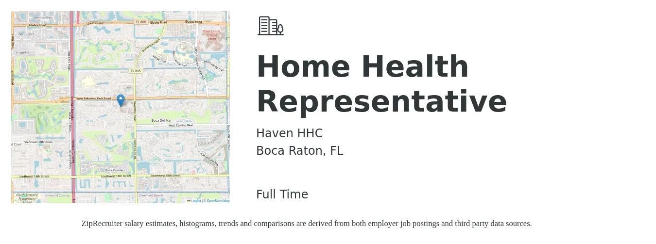 Haven HHC job posting for a Home Health Representative in Boca Raton, FL with a salary of $160,000 Yearly with a map of Boca Raton location.