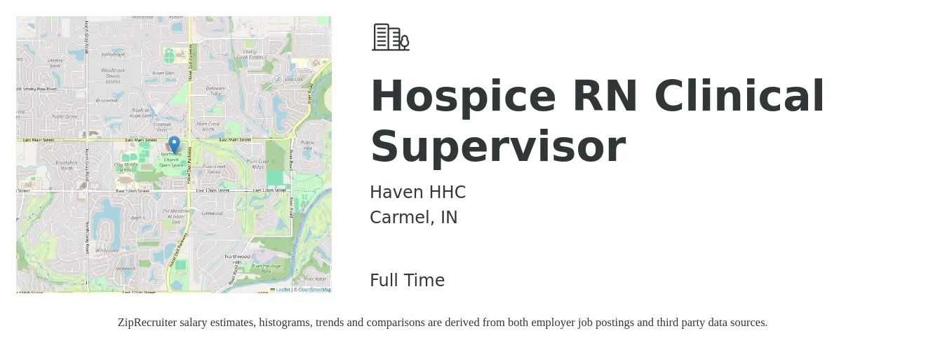 Haven HHC job posting for a Hospice RN Clinical Supervisor in Carmel, IN with a salary of $67,300 to $99,000 Yearly with a map of Carmel location.