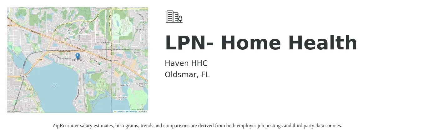 Haven HHC job posting for a LPN- Home Health in Oldsmar, FL with a salary of $24 to $32 Hourly with a map of Oldsmar location.