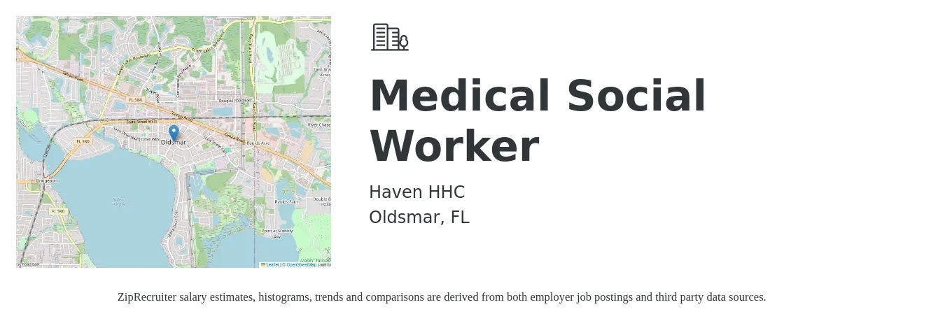 Haven HHC job posting for a Medical Social Worker in Oldsmar, FL with a salary of $27 to $45 Hourly with a map of Oldsmar location.