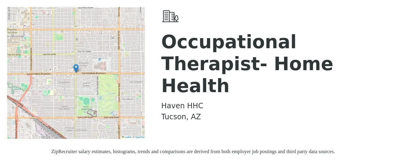 Haven HHC job posting for a Occupational Therapist- Home Health in Tucson, AZ with a salary of $36 to $46 Hourly with a map of Tucson location.