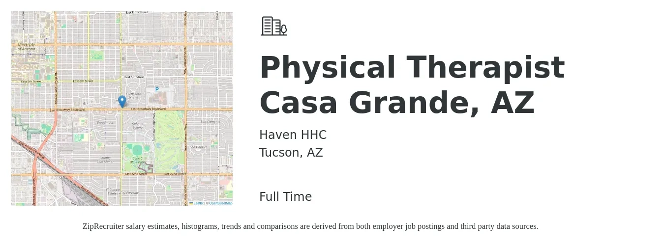 Haven HHC job posting for a Physical Therapist Casa Grande, AZ in Tucson, AZ with a salary of $110,000 to $120,000 Yearly with a map of Tucson location.