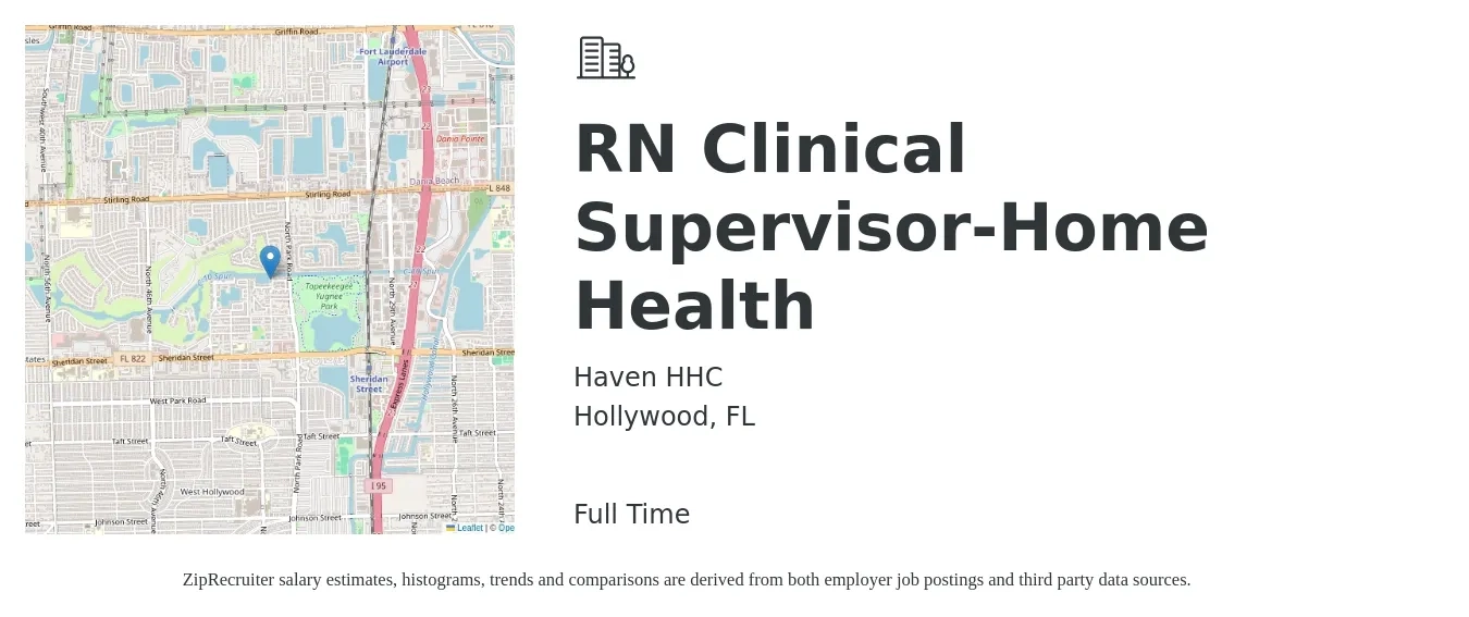 Haven HHC job posting for a RN Clinical Supervisor-Home Health in Hollywood, FL with a salary of $64,900 to $95,500 Yearly with a map of Hollywood location.