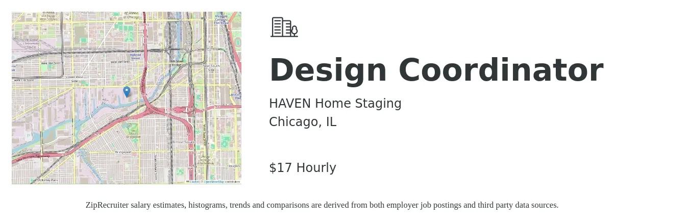HAVEN Home Staging job posting for a Design Coordinator in Chicago, IL with a salary of $18 Hourly with a map of Chicago location.