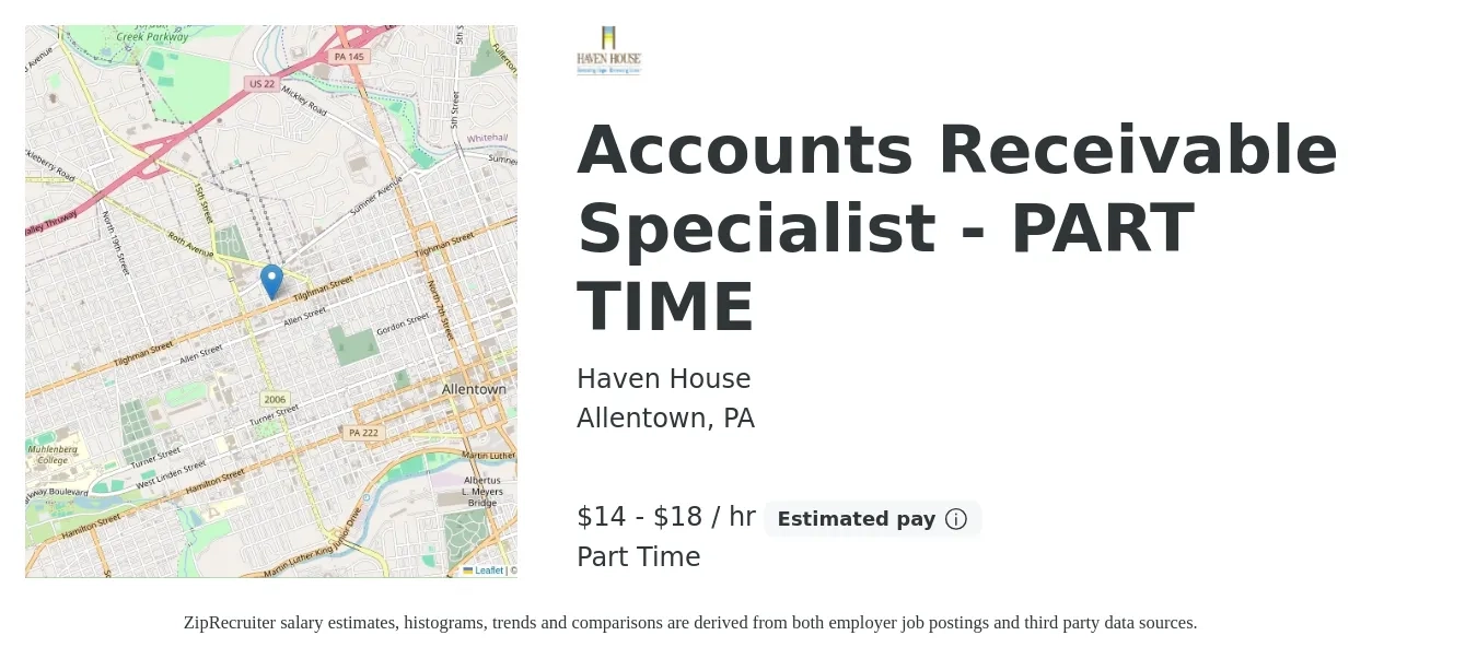 Haven House job posting for a Accounts Receivable Specialist - PART TIME in Allentown, PA with a salary of $15 to $19 Hourly with a map of Allentown location.