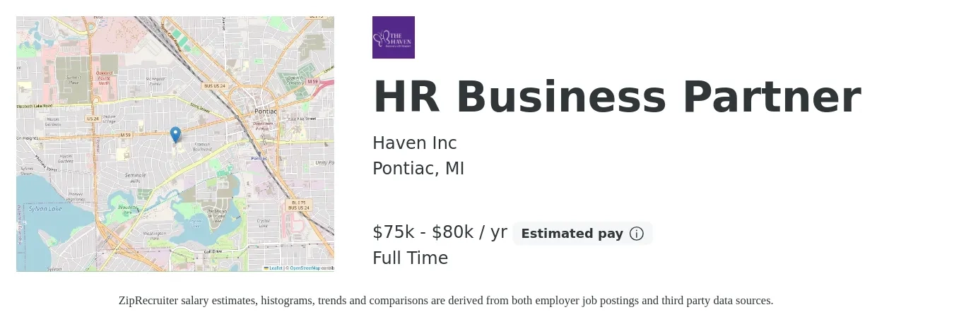 Haven Inc job posting for a HR Business Partner in Pontiac, MI with a salary of $75,000 to $80,000 Yearly with a map of Pontiac location.