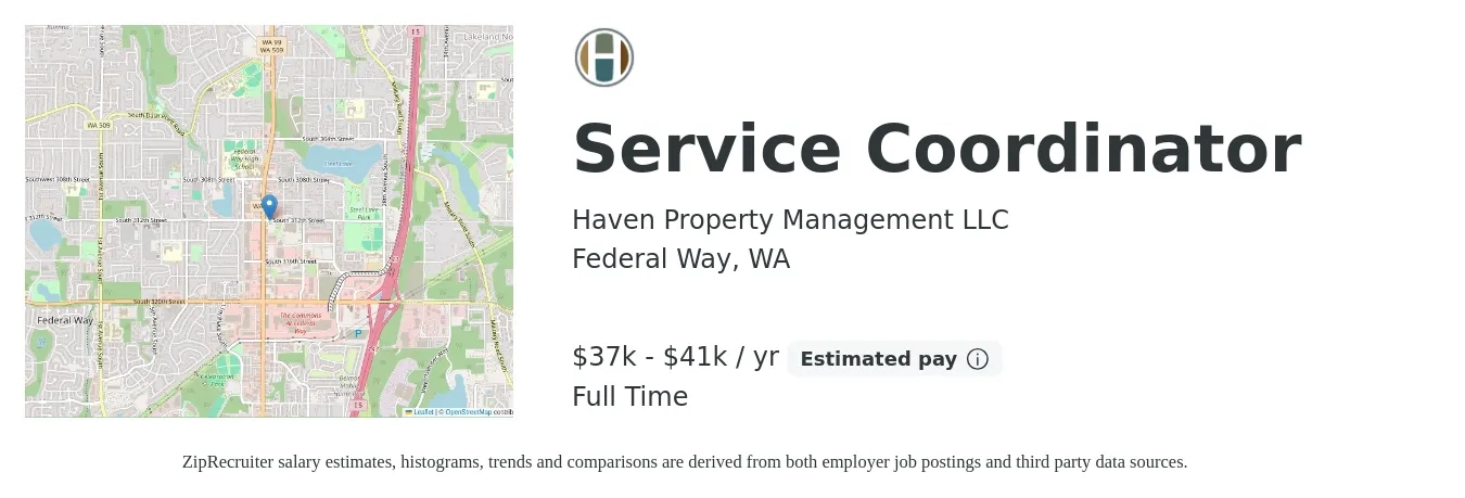 Haven Property Management LLC job posting for a Service Coordinator in Federal Way, WA with a salary of $37,440 to $41,600 Yearly with a map of Federal Way location.