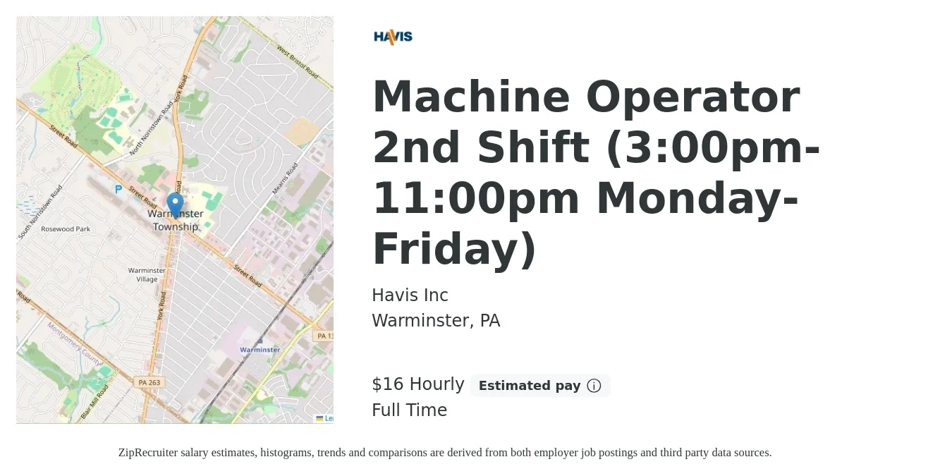 Havis Inc job posting for a Machine Operator 2nd Shift (3:00pm-11:00pm Monday-Friday) in Warminster, PA with a salary of $17 Hourly with a map of Warminster location.