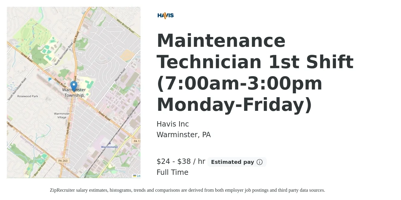 Havis Inc job posting for a Maintenance Technician 1st Shift (7:00am-3:00pm Monday-Friday) in Warminster, PA with a salary of $25 to $32 Hourly with a map of Warminster location.