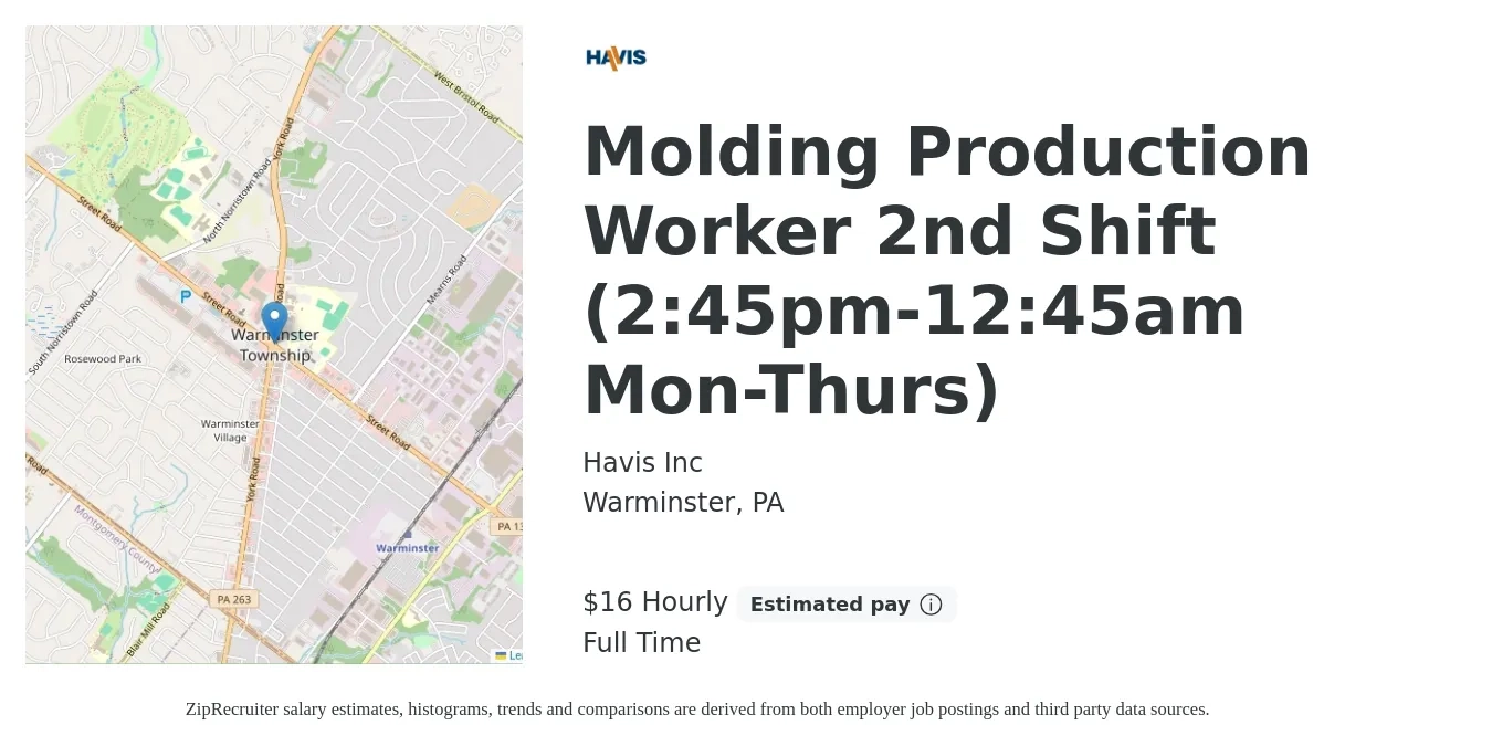 Havis Inc job posting for a Molding Production Worker 2nd Shift (2:45pm-12:45am Mon-Thurs) in Warminster, PA with a salary of $17 Hourly with a map of Warminster location.