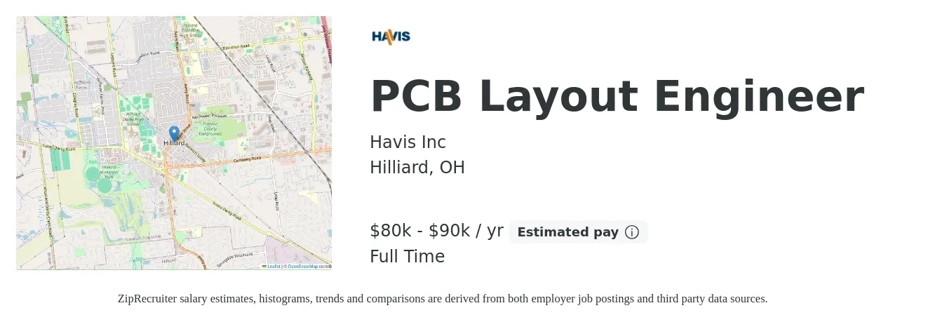 Havis Inc job posting for a PCB Layout Engineer in Hilliard, OH with a salary of $80,000 to $90,000 Yearly with a map of Hilliard location.