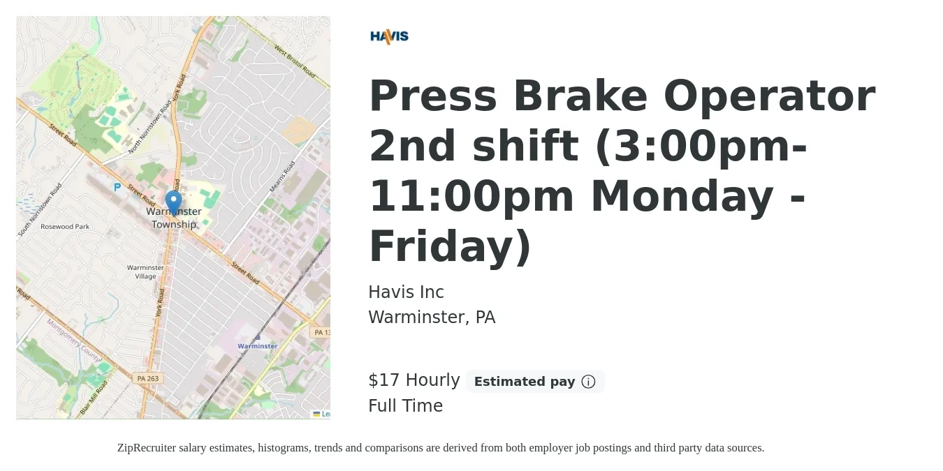 Havis Inc job posting for a Press Brake Operator 2nd shift (3:00pm-11:00pm Monday - Friday) in Warminster, PA with a salary of $18 Hourly with a map of Warminster location.