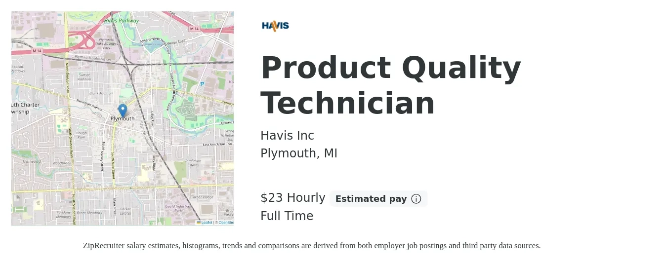 Havis Inc job posting for a Product Quality Technician in Plymouth, MI with a salary of $24 Hourly with a map of Plymouth location.