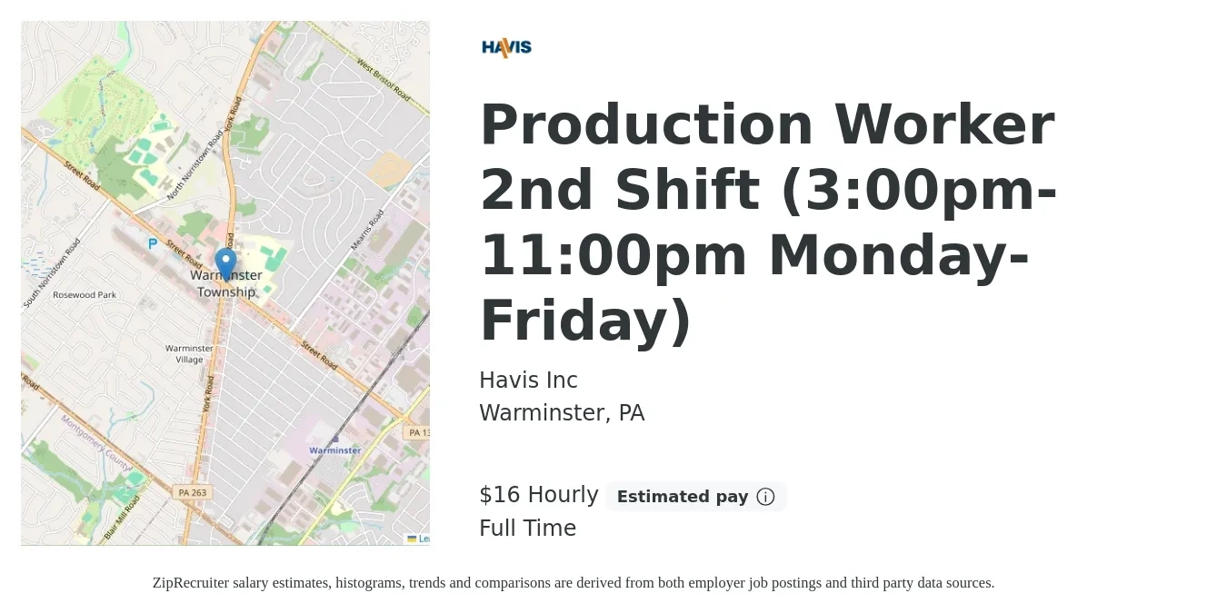 Havis Inc job posting for a Production Worker 2nd Shift (3:00pm-11:00pm Monday-Friday) in Warminster, PA with a salary of $17 Hourly with a map of Warminster location.