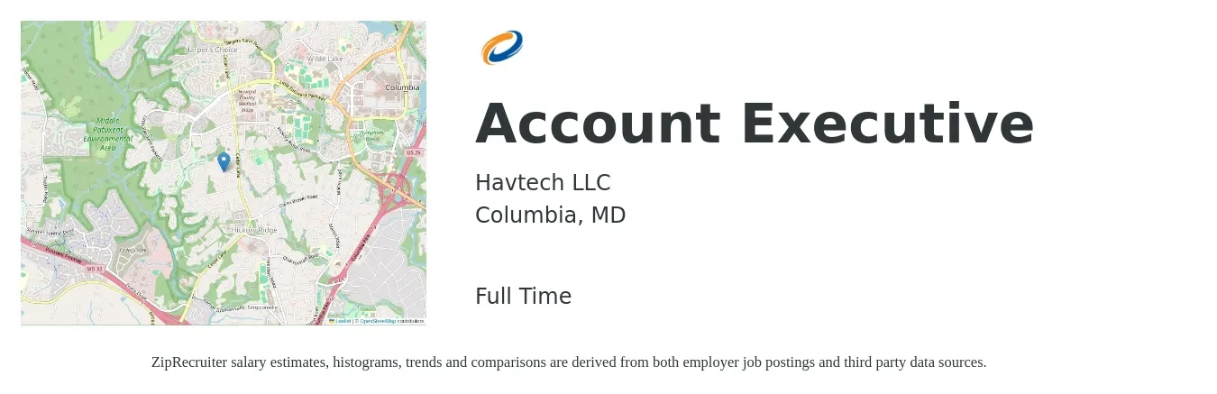 Havtech LLC job posting for a Account Executive in Columbia, MD with a salary of $53,200 to $93,500 Yearly with a map of Columbia location.