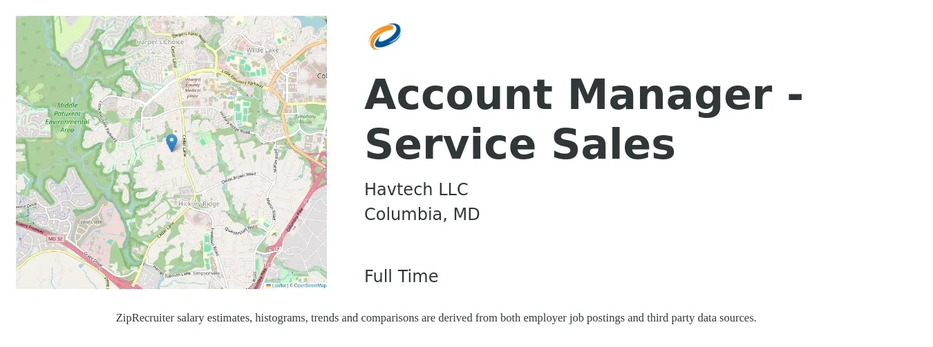 Havtech LLC job posting for a Account Manager - Service Sales in Columbia, MD with a salary of $47,200 to $77,300 Yearly with a map of Columbia location.