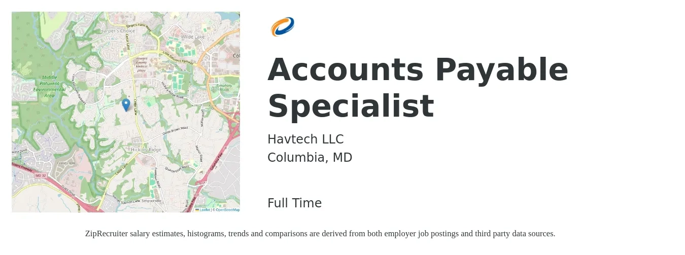 Havtech LLC job posting for a Accounts Payable Specialist in Columbia, MD with a salary of $21 to $27 Hourly with a map of Columbia location.