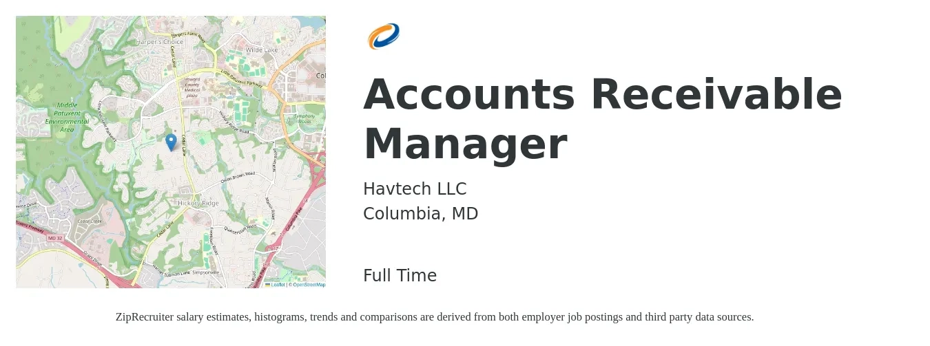 Havtech LLC job posting for a Accounts Receivable Manager in Columbia, MD with a salary of $58,600 to $86,100 Yearly with a map of Columbia location.