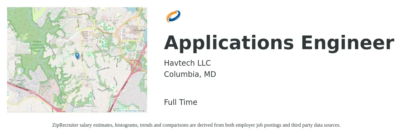 Havtech LLC job posting for a Applications Engineer in Columbia, MD with a salary of $82,700 to $132,900 Yearly with a map of Columbia location.