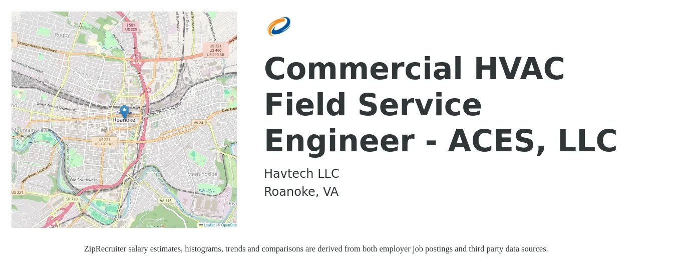 Havtech LLC job posting for a Commercial HVAC Field Service Engineer - ACES, LLC in Roanoke, VA with a salary of $18 to $27 Hourly with a map of Roanoke location.