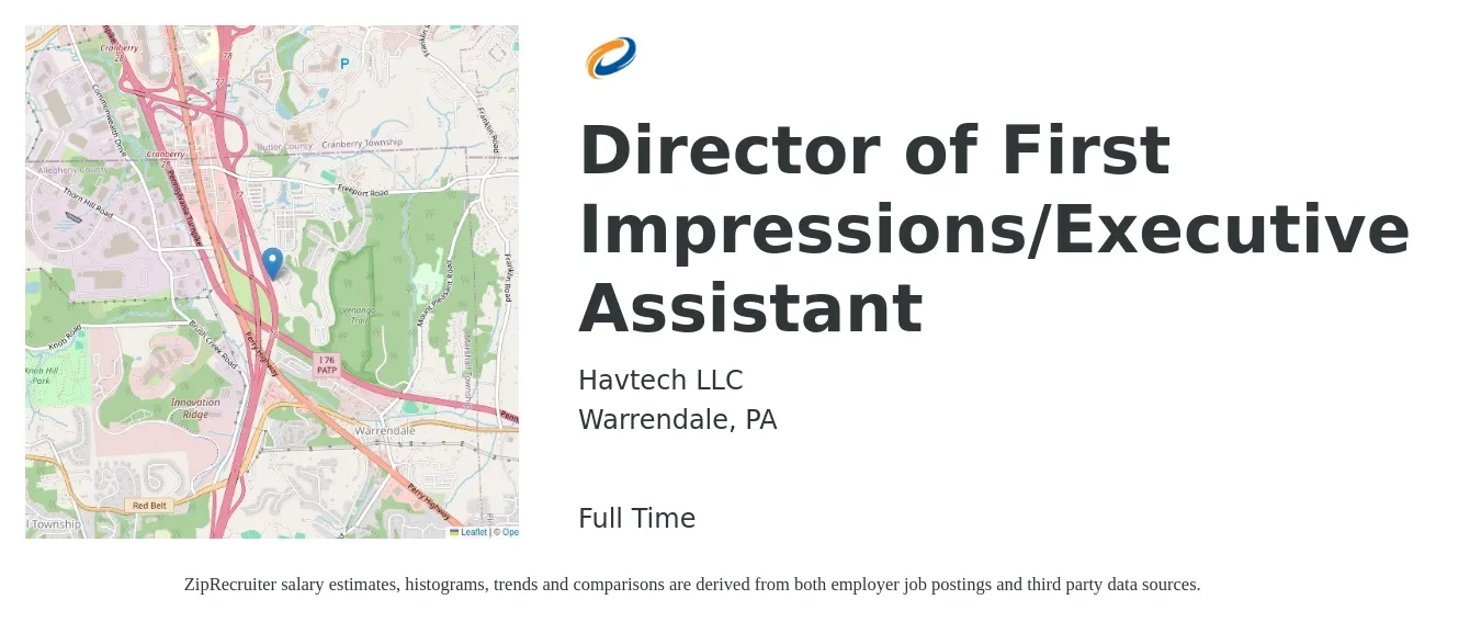 Havtech LLC job posting for a Director of First Impressions/Executive Assistant in Warrendale, PA with a salary of $22 to $36 Hourly with a map of Warrendale location.