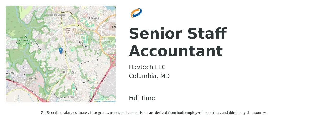 Havtech LLC job posting for a Senior Staff Accountant in Columbia, MD with a salary of $68,400 to $84,200 Yearly with a map of Columbia location.