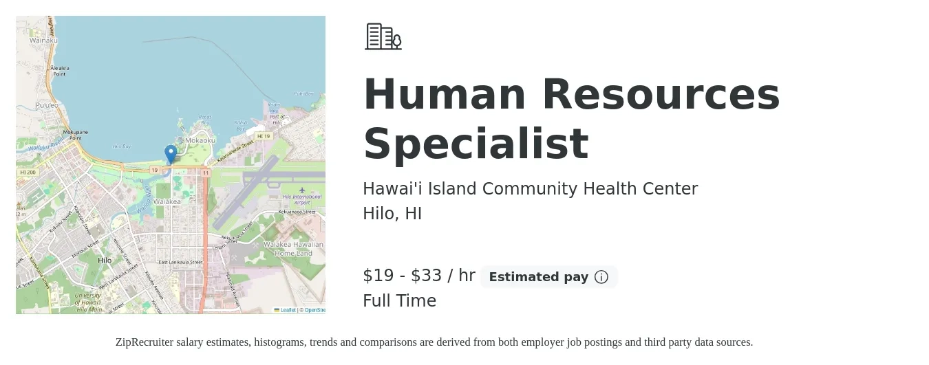 Hawai'i Island Community Health Center job posting for a Human Resources Specialist in Hilo, HI with a salary of $21 to $34 Hourly with a map of Hilo location.