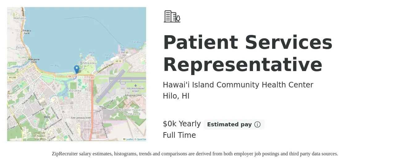 Hawai'i Island Community Health Center job posting for a Patient Services Representative in Hilo, HI with a salary of $18 to $25 Yearly with a map of Hilo location.