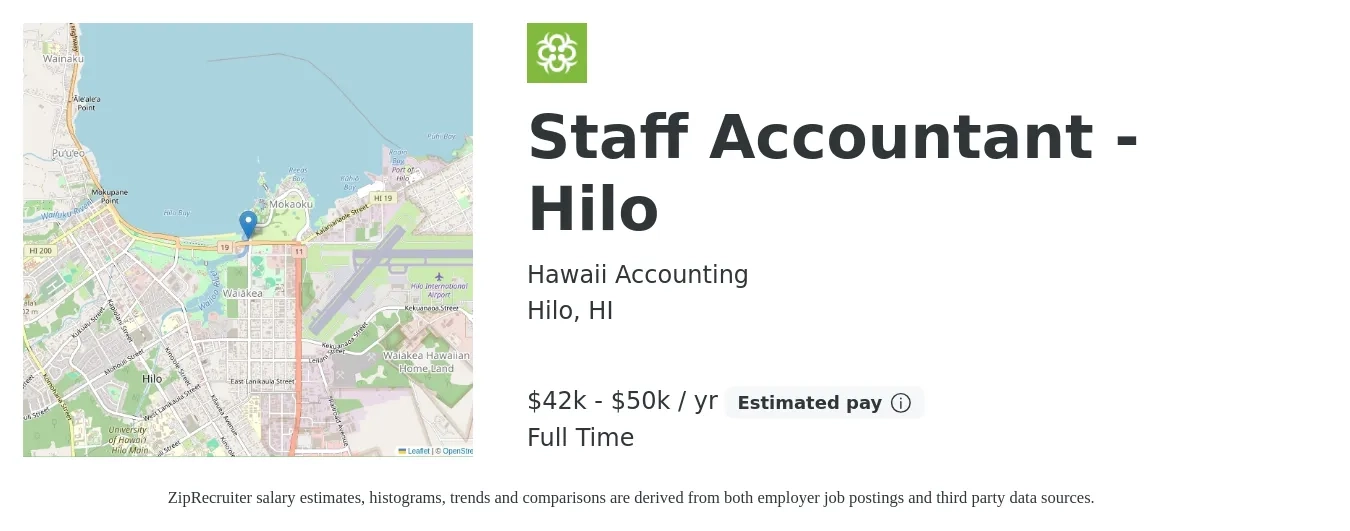 Hawaii Accounting job posting for a Staff Accountant - Hilo in Hilo, HI with a salary of $42,000 to $50,000 Yearly with a map of Hilo location.