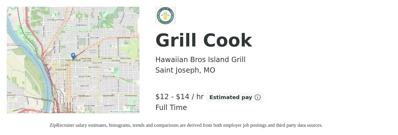 Hawaiian Bros Island Grill job posting for a Grill Cook in Saint Joseph, MO with a salary of $13 to $15 Hourly with a map of Saint Joseph location.