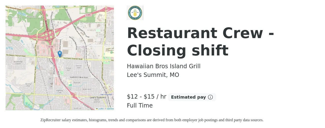 Hawaiian Bros Island Grill job posting for a Restaurant Crew - Closing shift in Lee's Summit, MO with a salary of $12 to $16 Hourly with a map of Lee's Summit location.