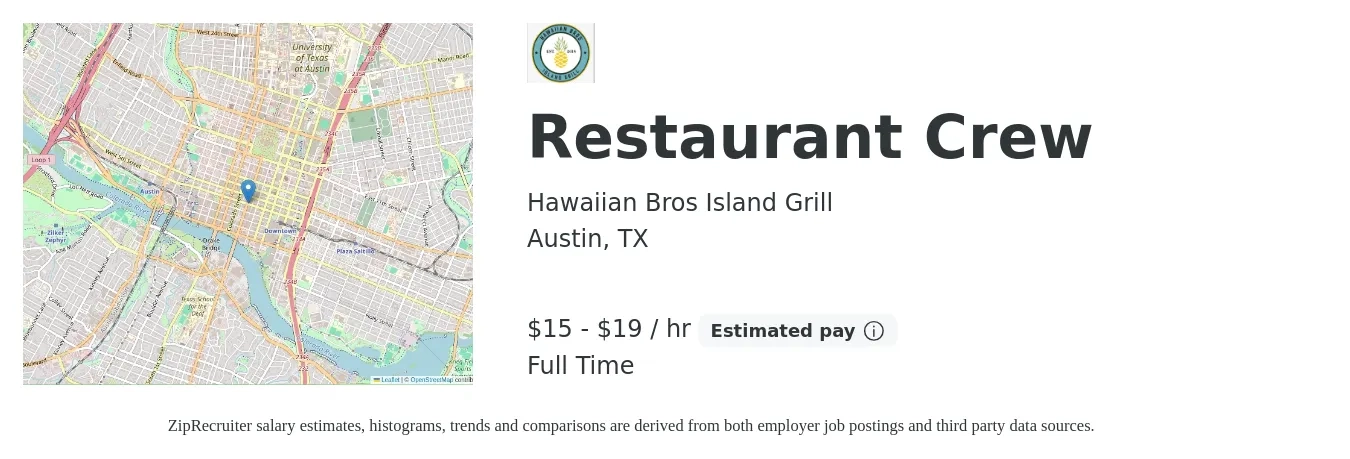 Hawaiian Bros Island Grill job posting for a Restaurant Crew in Austin, TX with a salary of $16 to $20 Hourly with a map of Austin location.