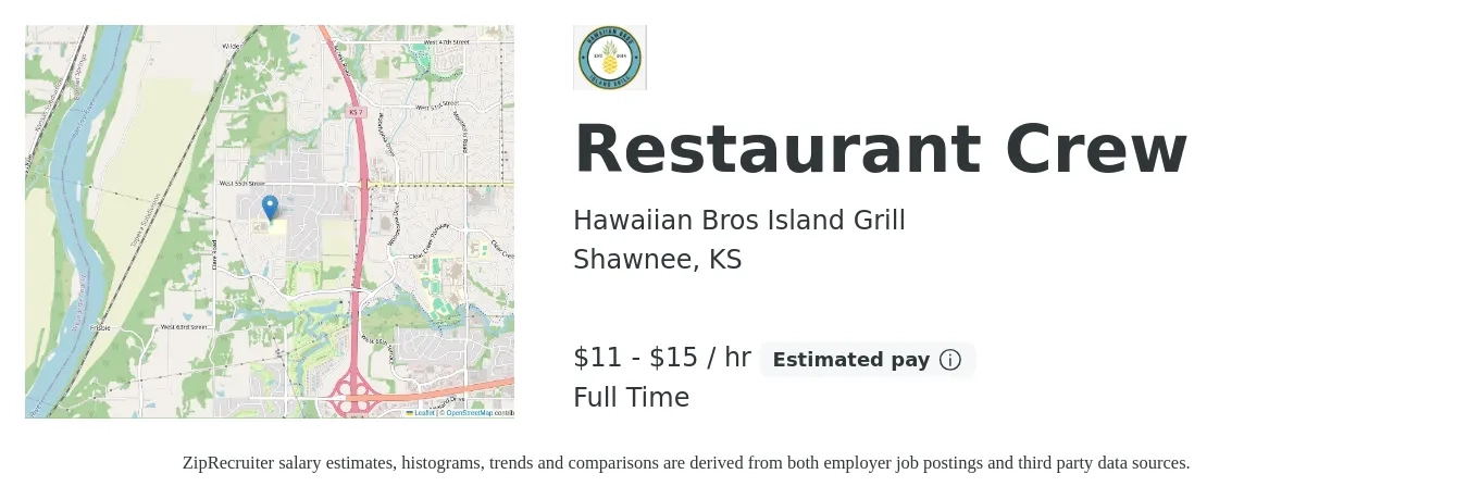 Hawaiian Bros Island Grill job posting for a Restaurant Crew in Shawnee, KS with a salary of $12 to $16 Hourly with a map of Shawnee location.
