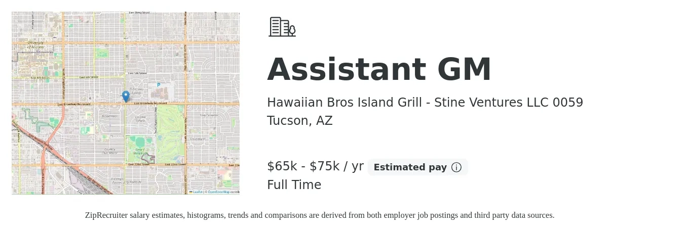 Hawaiian Bros Island Grill - Stine Ventures LLC 0059 job posting for a Assistant GM in Tucson, AZ with a salary of $65,000 to $75,000 Yearly with a map of Tucson location.