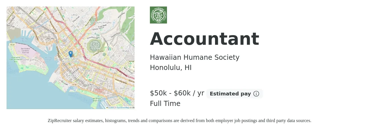Hawaiian Humane Society job posting for a Accountant in Honolulu, HI with a salary of $50,000 to $60,000 Yearly with a map of Honolulu location.