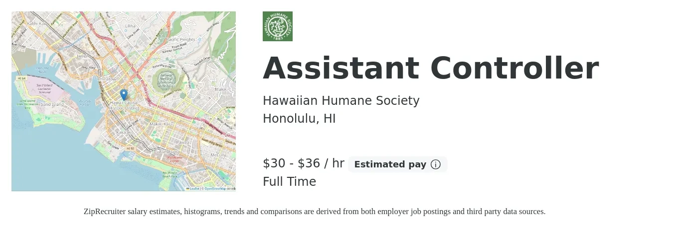 Hawaiian Humane Society job posting for a Assistant Controller in Honolulu, HI with a salary of $31 to $38 Hourly with a map of Honolulu location.