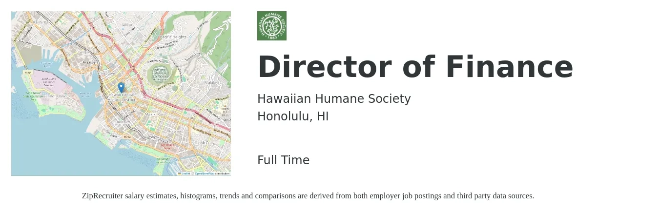 Hawaiian Humane Society job posting for a Director of Finance in Honolulu, HI with a salary of $125,000 to $160,000 Yearly with a map of Honolulu location.