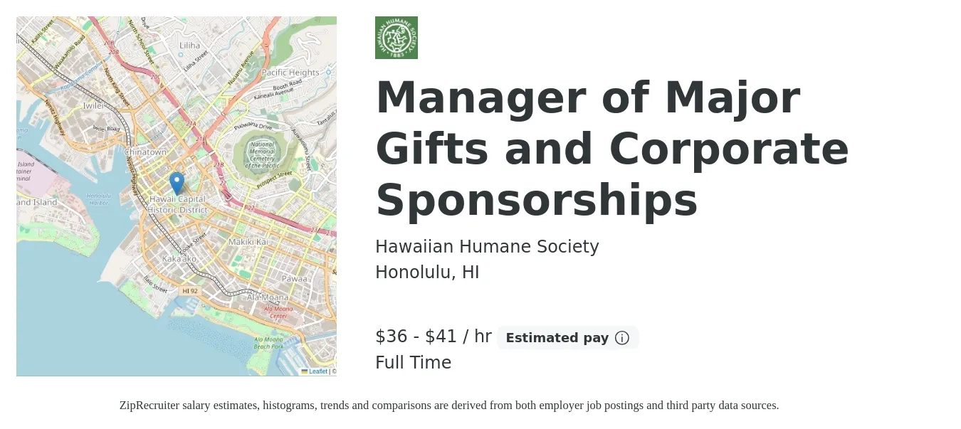 Hawaiian Humane Society job posting for a Manager of Major Gifts and Corporate Sponsorships in Honolulu, HI with a salary of $80,000 to $90,000 Yearly with a map of Honolulu location.