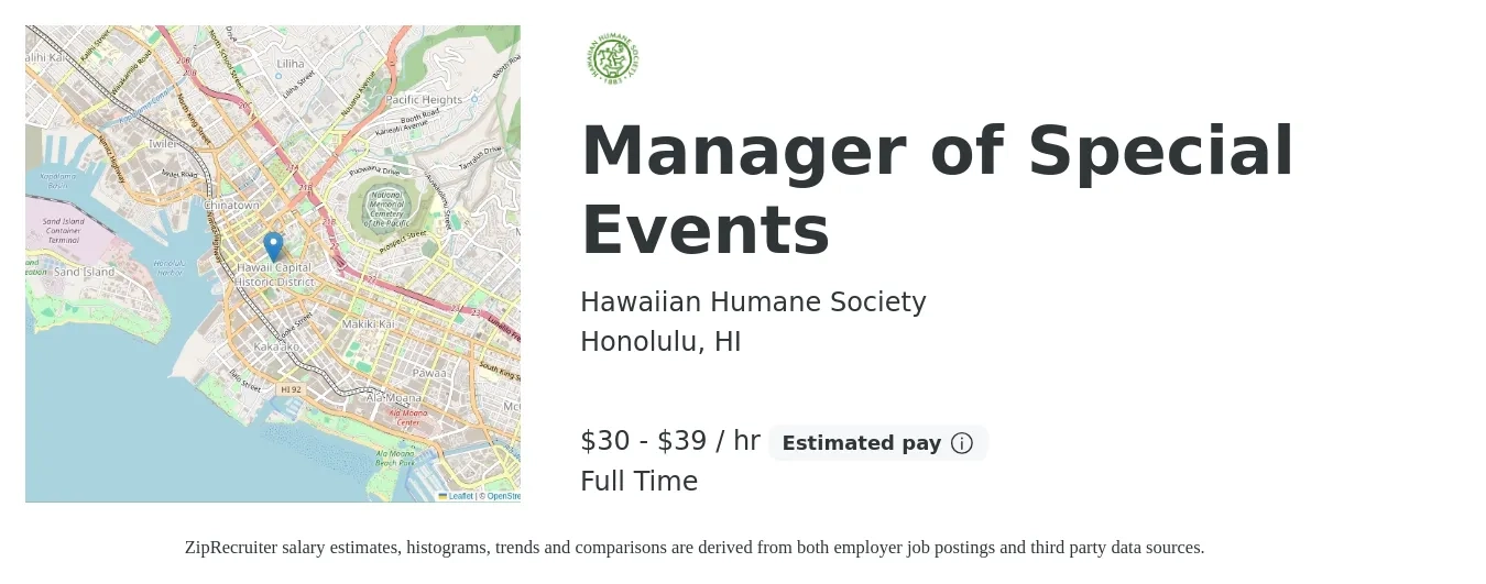 Hawaiian Humane Society job posting for a Manager of Special Events in Honolulu, HI with a salary of $65,000 to $85,000 Yearly with a map of Honolulu location.